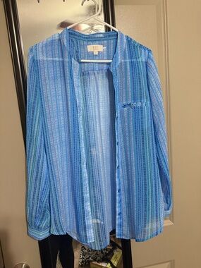 Kut from the Kloth Blue Striped Sheer Button-Up Blouse